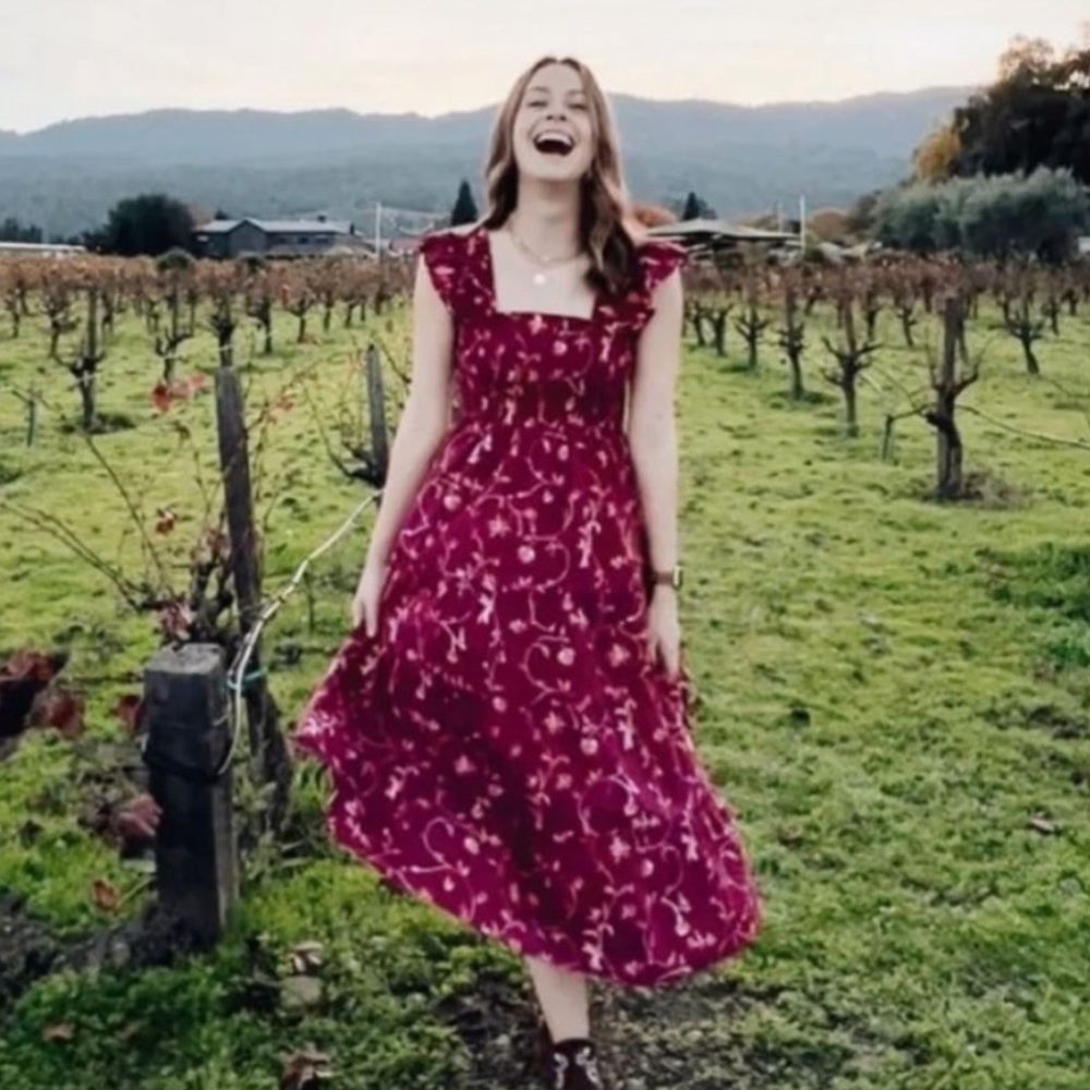HILL HOUSE THE ELLIE NAP DRESS IN BURGUNDY BOTANICAL XS
